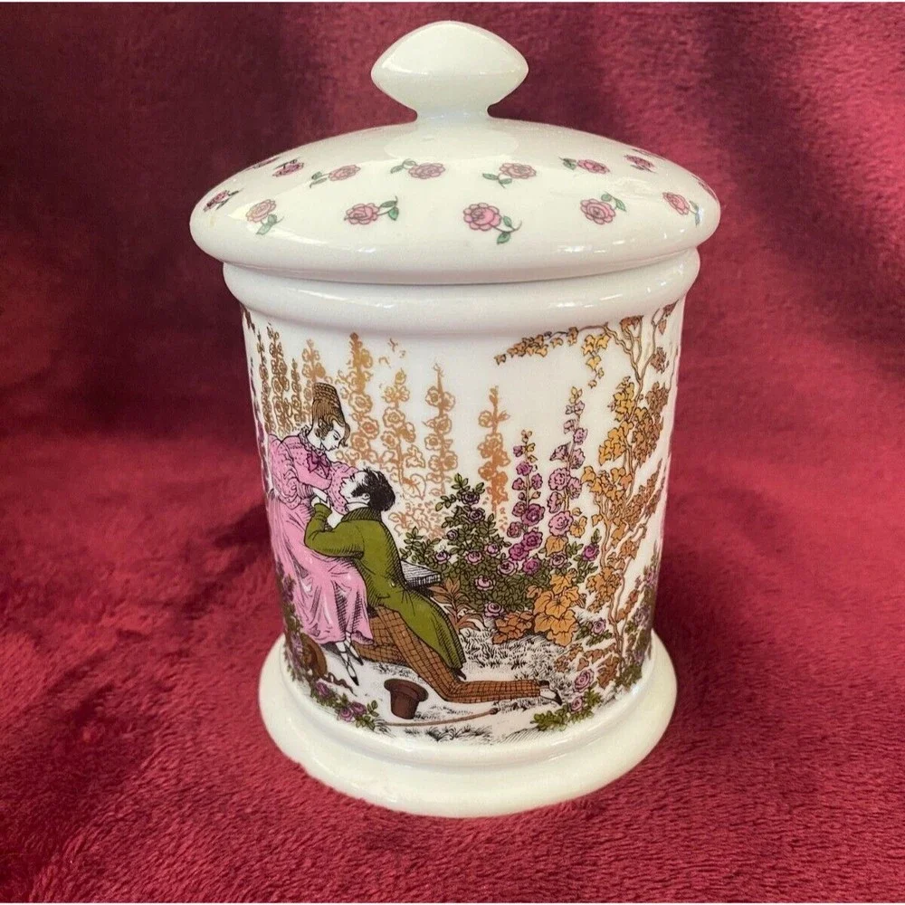 Vintage Porcelain Courting Couple Floral Cotton Ball Vanity Jar West Germany